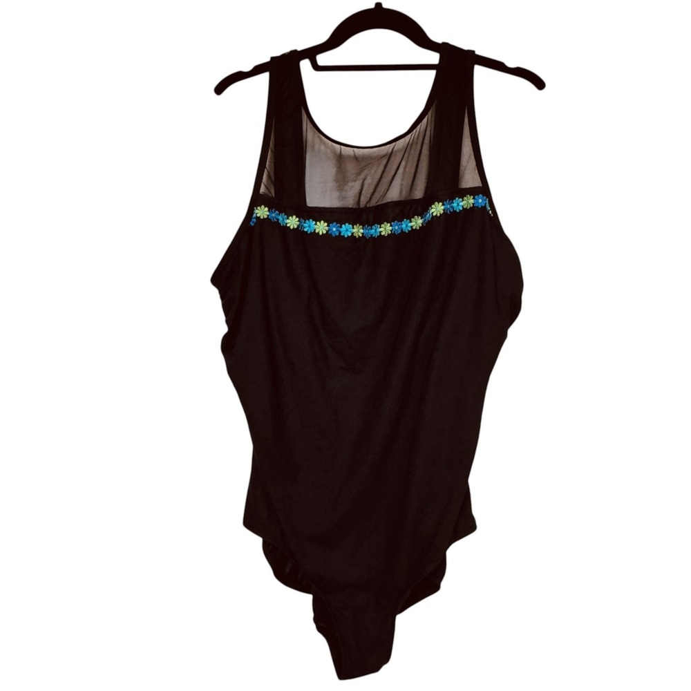 Vintage Basic Editions Black Swimsuit,‎ Size 22W, One Piece Mesh Top Daisies NEW